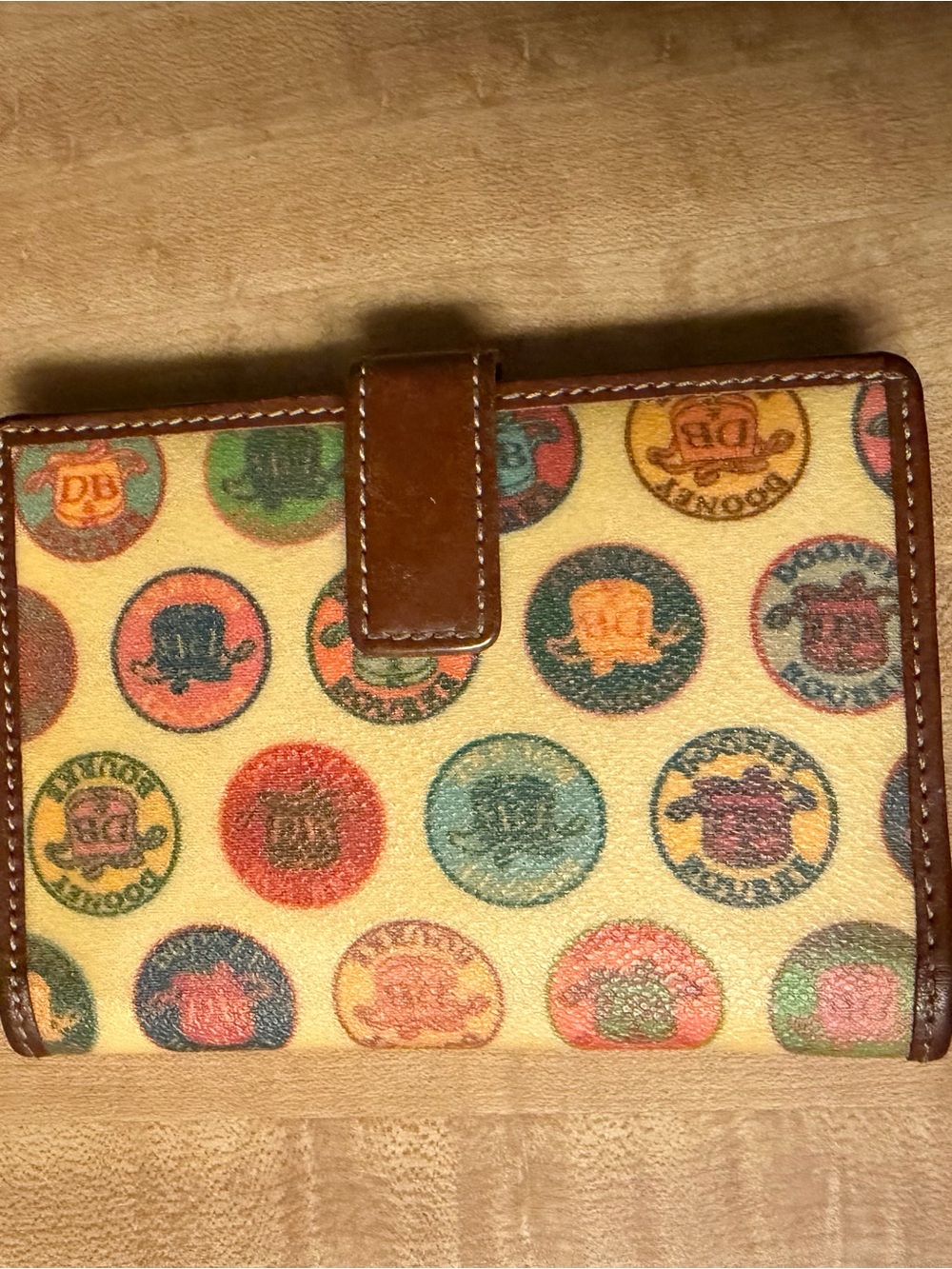 Vintage Dooney & Bourke Multicolor Logo Canvas Wallet with Brown Trim